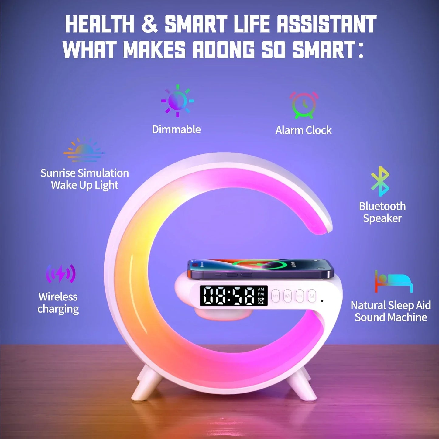 RGB Wireless Charging Stand for iPhone & Android with Alarm Clock & Speaker