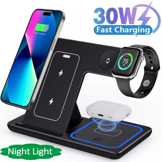 30W 3-in-1 Fast Wireless Charger Stand for iPhone, Apple Watch, AirPods