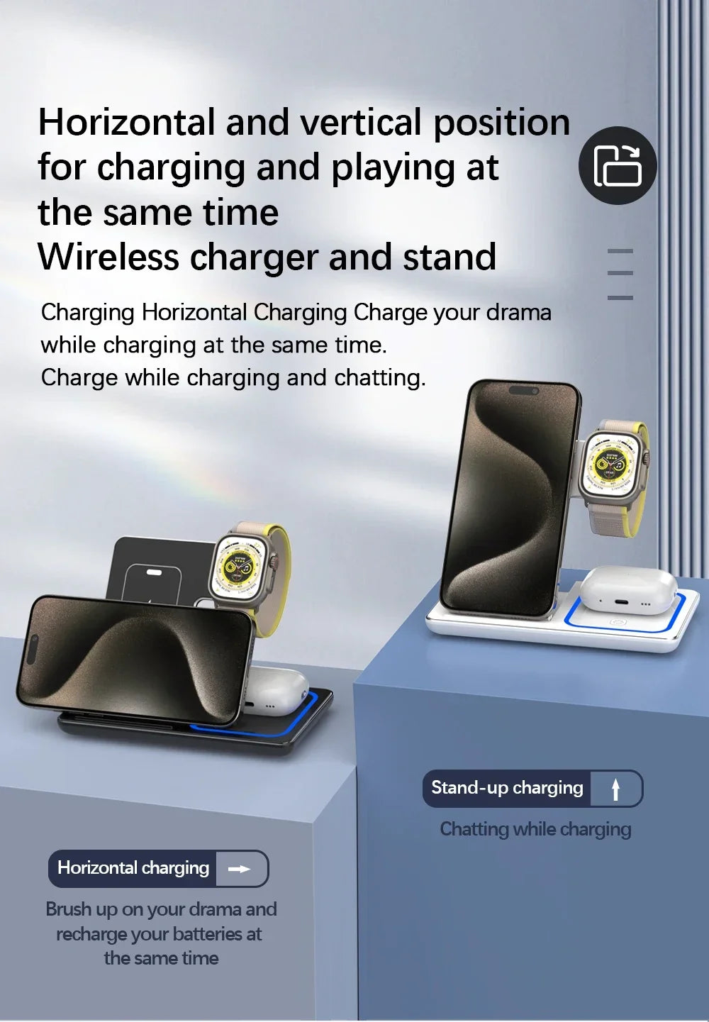 30W 3-in-1 Fast Wireless Charger Stand for iPhone, Apple Watch, AirPods