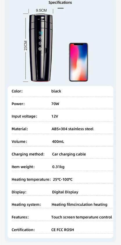 12V Stainless Steel Car Heating Cup with Smart Touch Control